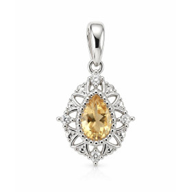 Pendentif Or Blanc 375 serti d une Citrine poire 7×5mm 2 diamants Style rétro motif ajouré serti perlée autour pierre Dime...