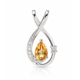 Pendentif Or Blanc 375 serti d une Citrine poire 7×5mm Motif forme goutte aux lignes croisées Courbe gauche à finition dia...