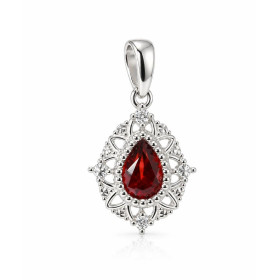 Pendentif Or Blanc 375 serti d un Grenat poire 7×5mm 2 diamants Style rétro motif ajouré serti perlée autour pierre Dimens...