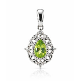  Pendentif Or Blanc 375 serti d un Péridot poire 7x5mm 2 diamants Style rétro motif ajouré serti perlée autour pierre Dime...