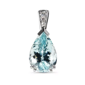  Pendentif Or Blanc 750 serti d une Aigue Marine poire 14.8x10mm Qualité AAA 3 Diamants Poids Aigue Marine : 6.1 carats Po...