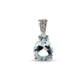  Pendentif Or Blanc 750 Aigue Marine Poire 9x7mm Diamant Aigue Marine 9x7mm (1.3 carat) taillée poire Bélière sertie 3 dia...