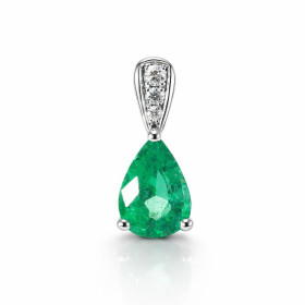  Pendentif Or Blanc 750 serti d une émeraude Pierre taille poire 8x6mm qualité AAA Bélière sertie 3 diamants Serti à griff...