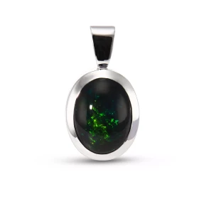  Pendentif Or Blanc 750 serti d une Opale Noire taille Ovale 10x8mm Poids Opale : 1.7 carat Dimensions du pendentif (béliè...