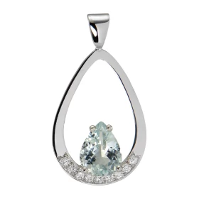  Pendentif Or Blanc serti d une Aigue Marine Poire 9x7mm (1.4 carat) diamants Le motif Or Blanc forme poire est orné 9 dia...