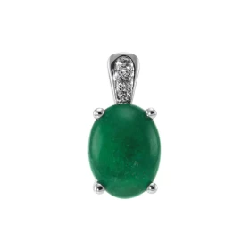  Pendentif Or Blanc serti d une Emeraude ovale taille cabochon 11x9 mm (4 carats) 3 diamants pour un poids total 0,065 car...