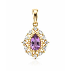 Pendentif Or Jaune 375 serti d une Améthyste poire 7×5mm 2 diamants Style rétro motif ajouré serti perlée autour pierre Di...