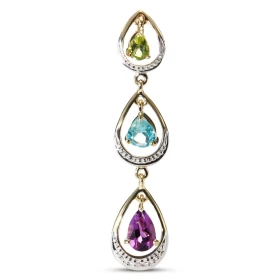 Pendentif Or Jaune 375 pierres fines Ce pendentif est serti d une améthyste poire 6x4mm, d une topaze bleue 5x3mm, d un pé...