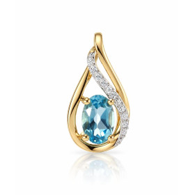 Pendentif Or Jaune 375 serti d une Topaze bleue traitée Ovale 6x4mm diamants Motif courbe à finition diamantée serti 2 dia...