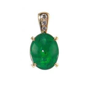  Pendentif Or Jaune 750 serti d une émeraude cabochon ovale 10x8mm diamants Bélière sertie 3 diamants pour un poids total ...