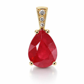  Pendentif Or Jaune 750 serti d un Rubis traité taille poire Bélière sertie 3 diamants  Rubis traité taille poire 11x9mm  ...