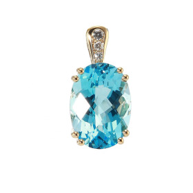Pendentif Or Jaune 750 serti d une Topaze bleue traitée Ovale 14x10mm diamants Bélière sertie 3 diamants pour un poids tot...