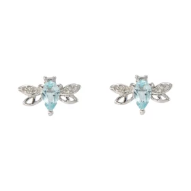 Boucles d oreilles Abeilles Or Blanc 375 Topaze bleue traitée Diamant Motifs forme d abeilles Chaque boucle est sertie d u...