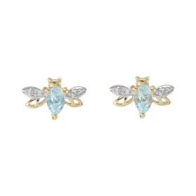 Boucles d oreilles Abeilles Or Jaune 375 Topaze bleue traitée Diamant Motifs forme d abeilles Chaque boucle est sertie d u...