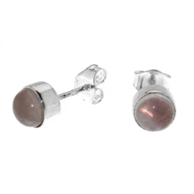 Boucles d oreilles Argent 925 Quartz rose serties pierres rondes taille cabochon 6mm diamètre 