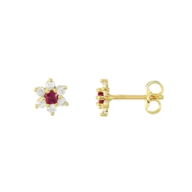 Puces d oreilles Or Jaune 750 Rubis rond oxydes Motif formant une fleur Dimensions d une boucle vue face :5,5x5,5mm Systèm...