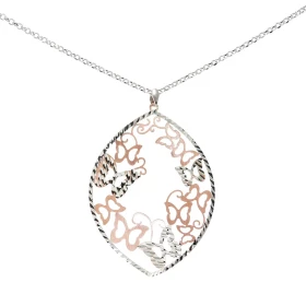 Sautoir argent rhodié composé d une navette ciselé 40x50mm ajourée papillons argent flashé or rose argent ciselé Chaîne ma...