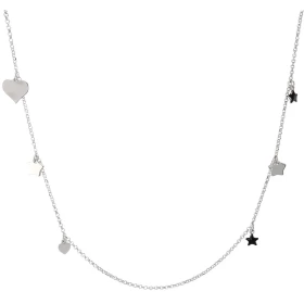 Sautoir argent rhodié composé 4 breloques étoiles 10x10mm, 3 breloques petits coeurs 6x6mm, 2 breloques coeurs 13x13mm don...