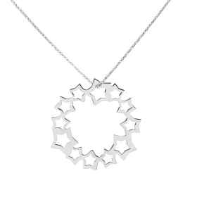 Sautoir argent rhodié composé d un cercle d étoiles dimension du pendentif : 40x37mm Chaîne maille forçat : 1mm d épaisseu...