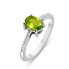 Solitaire Argent Rhodié Péridot Ovale 7x5mm Bague sertie d une pierre ovale 7x5mm Monture solitaire motifs perlés sur les ...