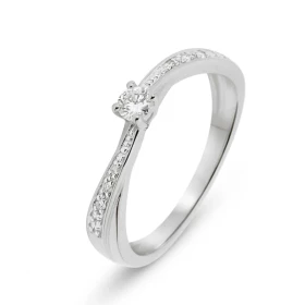  Solitaire Or Blanc 750 Diamants La pierre centrale mesure 2,9mm diamètre est pèse 0,12 carat L entourage est composé 6 di...