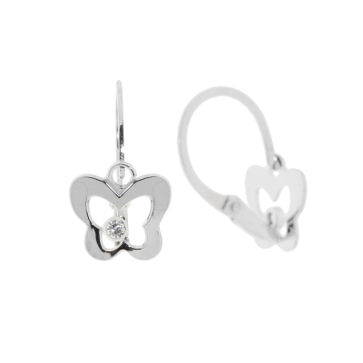 Boucles d'oreille dormeuse en argent rhodié motif papillon résine rose