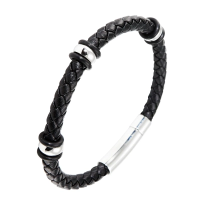 Bracelet homme cuir noir tressé, acier et caoutchouc 0,9x21cm Ref. 47350 | Bijouterie Trabbia Vuillermoz Bracelet homme cuir noir tressé, acier et caoutchouc 0,9x21cm Ref. 47350 | Bijouterie Trabbia Vuillermoz