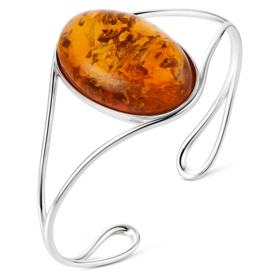 Bracelet Art Nouveau En Argent 925 Et Ambre Jaune Caramel – Signé – Style Vigne