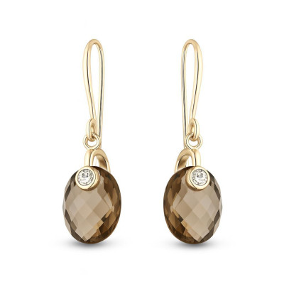 B.O Pendantes Quartz Fumé Dome 9x7mm et Diamant Or Jaune 750