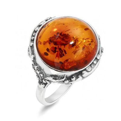 Bague Ambre Argent Pierre Ronde 14mm