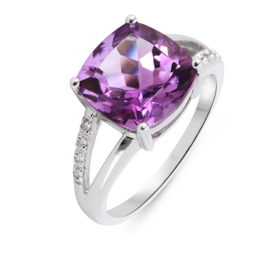 Bague Améthyste Coussin 10mm et Diamant Or Blanc 375