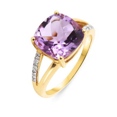 Bague Améthyste Coussin 10mm et Diamant Or Jaune 375