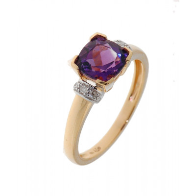 Bague Améthyste Coussin 6mm et Diamants Or Jaune