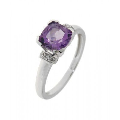 Bague Améthyste Coussin 6mm Or Blanc et Diamants