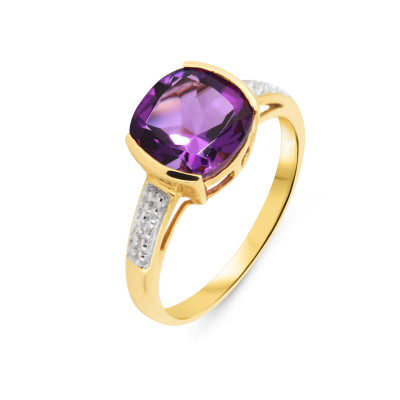Bague Améthyste Coussin 8mm et Diamant en Or Jaune 375