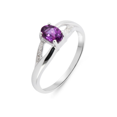 Bague Améthyste Ovale 6x4mm et Diamant en Or Blanc 375