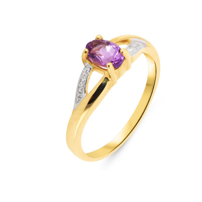 Bague Améthyste Ovale 6x4mm et Diamant en Or Jaune 375