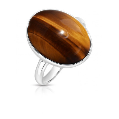 Bague Argent 925 Oeil de tigre Cabochon Ovale 16x12mm