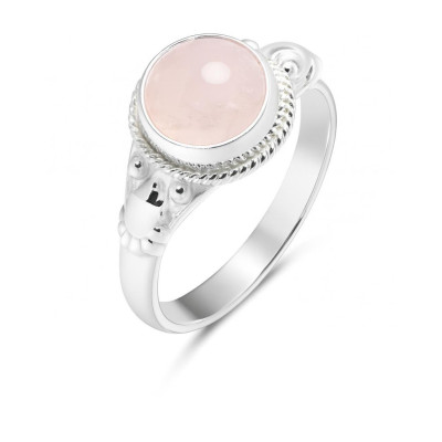 Bague Argent 925 Quartz Rose Cabochon Rond 8mm