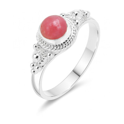 Bague Argent 925 Rhodonite Cabochon Rond 6mm