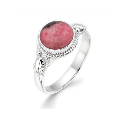 Bague Argent 925 Rhodonite Cabochon Rond 8mm