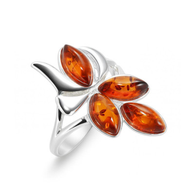 Bague Argent  Ambre Motif 4 Pierres navette