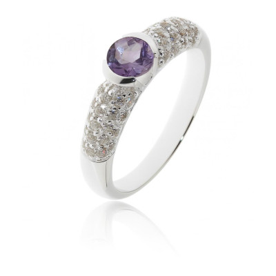 Bague Argent Améthyste Ronde et Oxyde de Zirconium