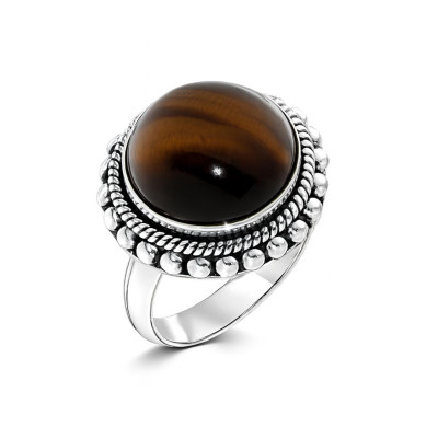 Bague Argent  Oeil de tigre Rond 12mm