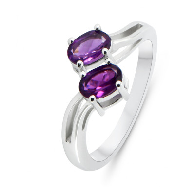 Bague Argent Rhodié 2 Améthystes ovales de 6x4mm
