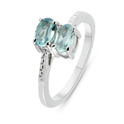 Bague Argent Rhodié 2 Topazes Bleues traitées ovales de 6x4mm