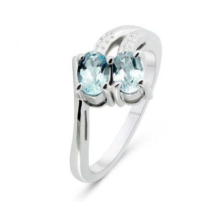 Bague Argent Rhodié 2 Topazes bleues traitées ovales de 6x4mm