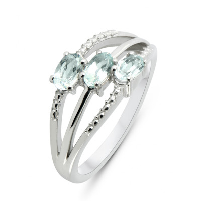 Bague Argent Rhodié 3 rangs et Topazes  Bleues Traitées