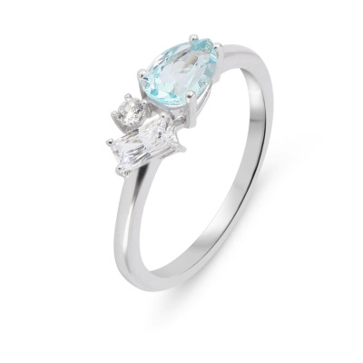 Bague Argent rhodié Topaze bleue traitée et Oxydes de zirconium