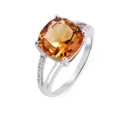 Bague Citrine Coussin 10mm et Diamant Or Blanc 375